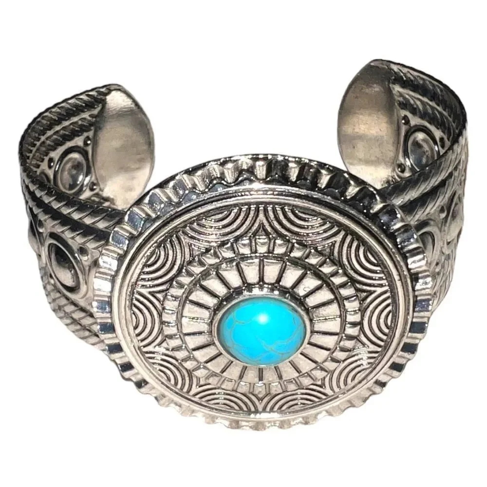 Beautiful intricate design silver cuff bracelet with turquoise stone center! New